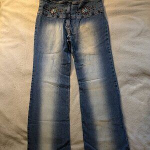 BEBE NEW JEANS Womens L Large Denim Blue Flare Leg Turquoise Bronze Leojean Leo